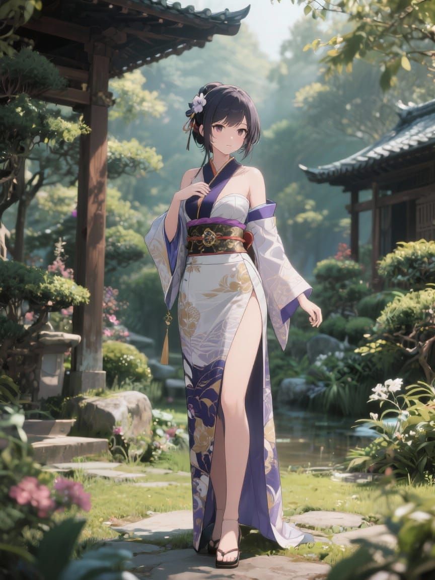 Anime Woman in Open Kimono in Japanese Garden