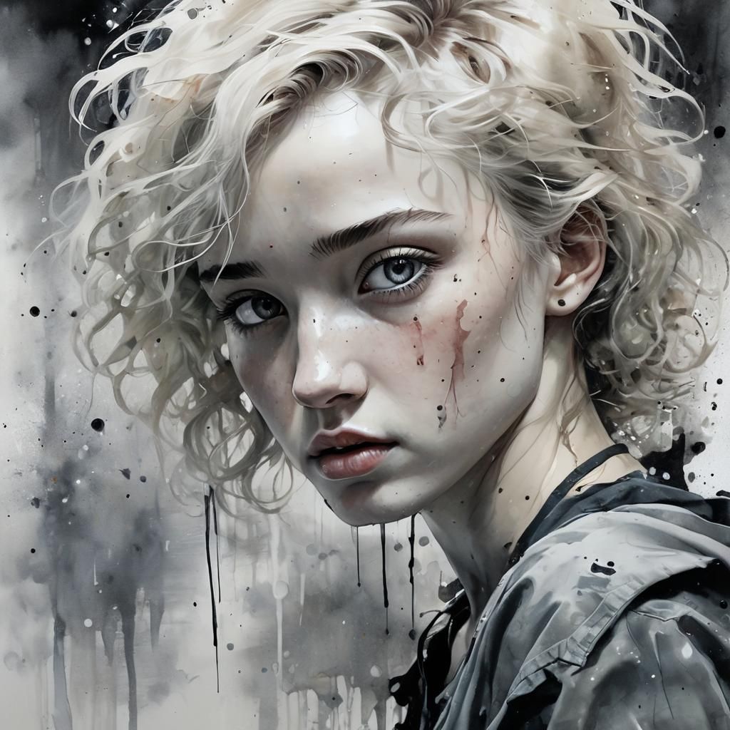 Julia Garner in Rainy Street with Ink Splatter