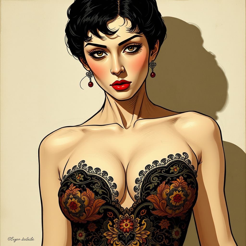 Mikasa Portrait in Egon Schiele Style with Ornate Details