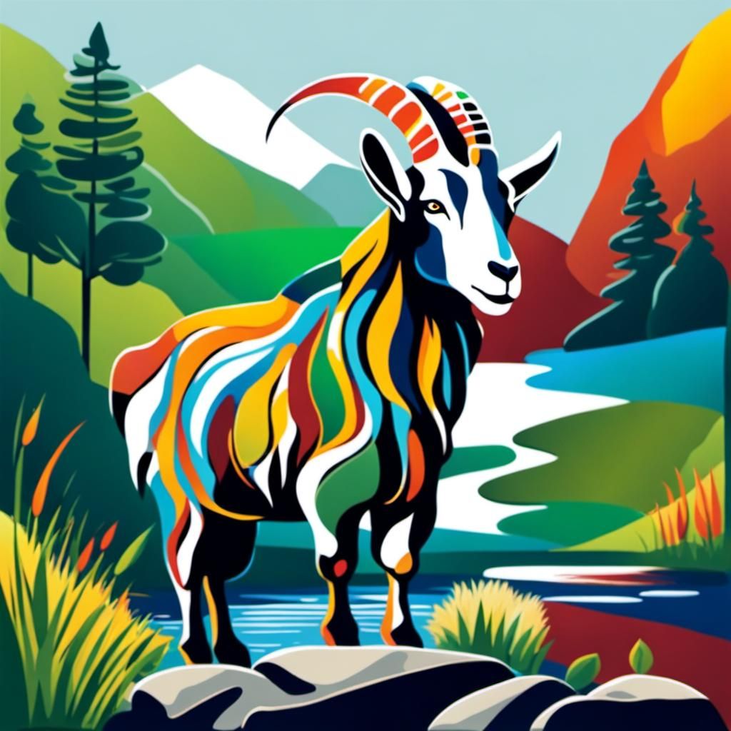 Abstract Goat Portrait in Colorful Paint Lines