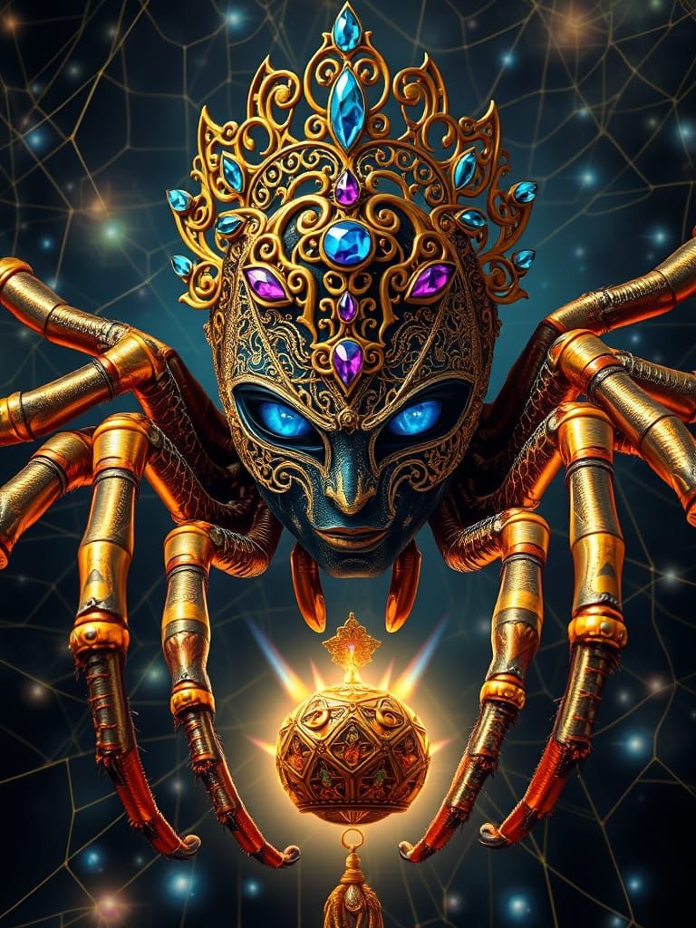 Spider Goddess Emerges from Mask in Surreal Style