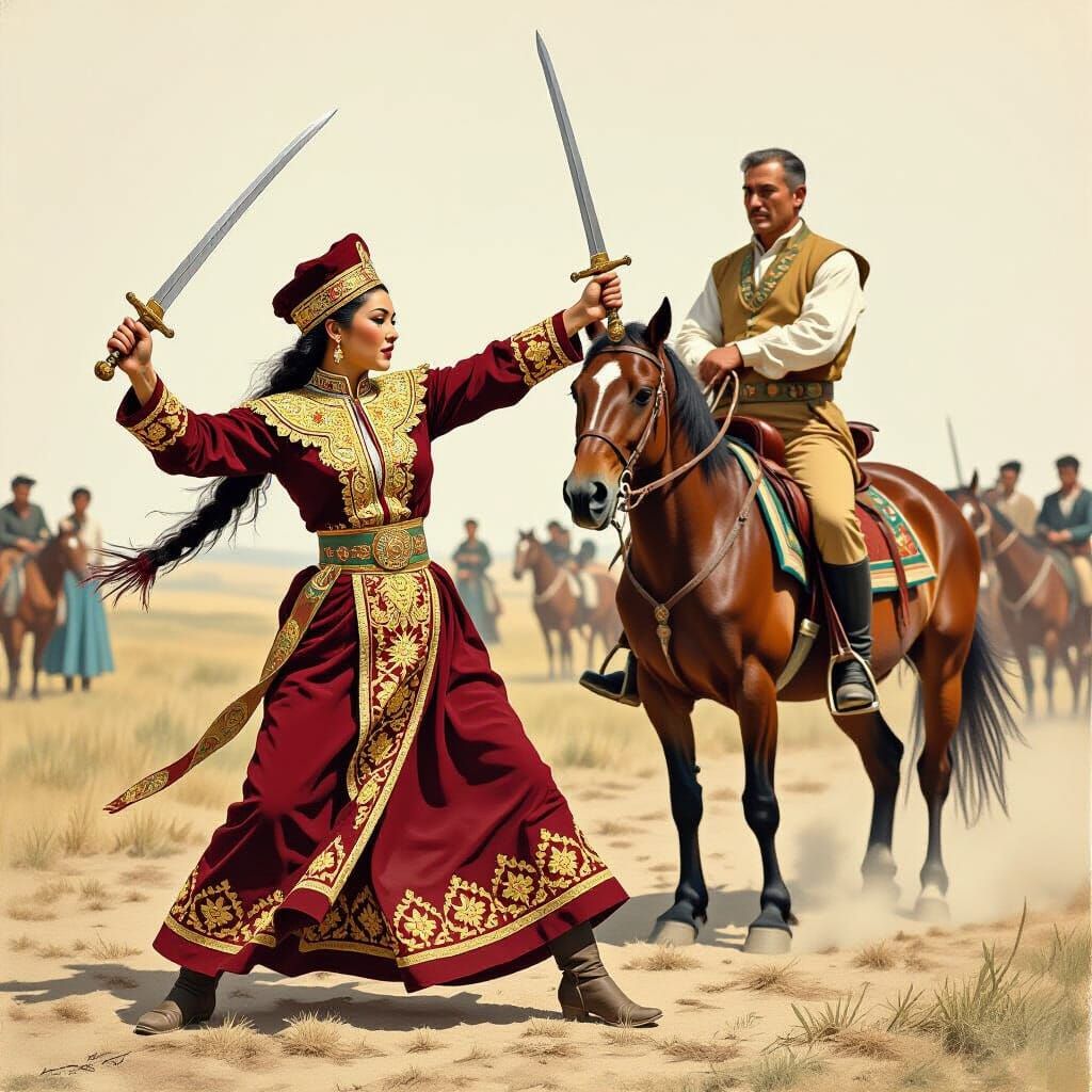 Kazakh Sword Dance in Aquarelle Style