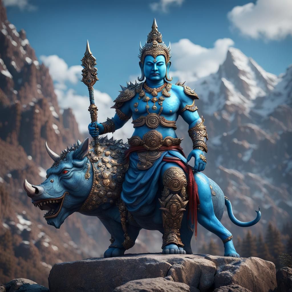 Blue Buddha Beast Master Warrior in Mountains