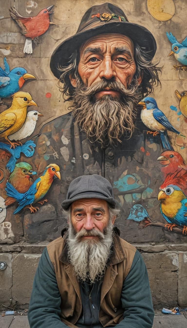 Colorful Street Art Mural of Homeless Man