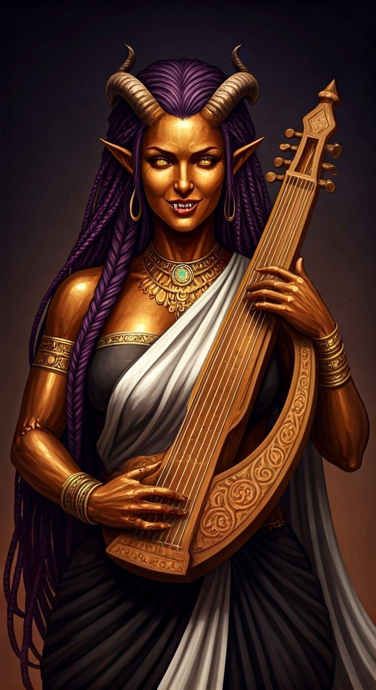 Tiefling Beauty with Harp in Dreamlike Digital Art