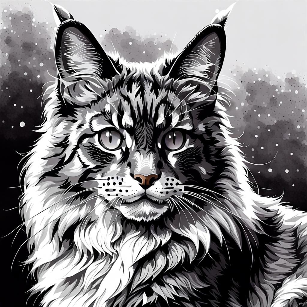 Majestic Maine Coon Cat in Stipple Art Portrait