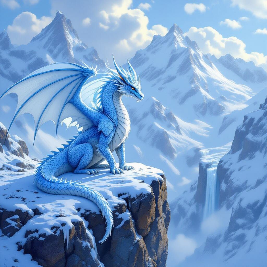 Snow Dragon on Snowy Mountain Cliff in Fantasy Art Style