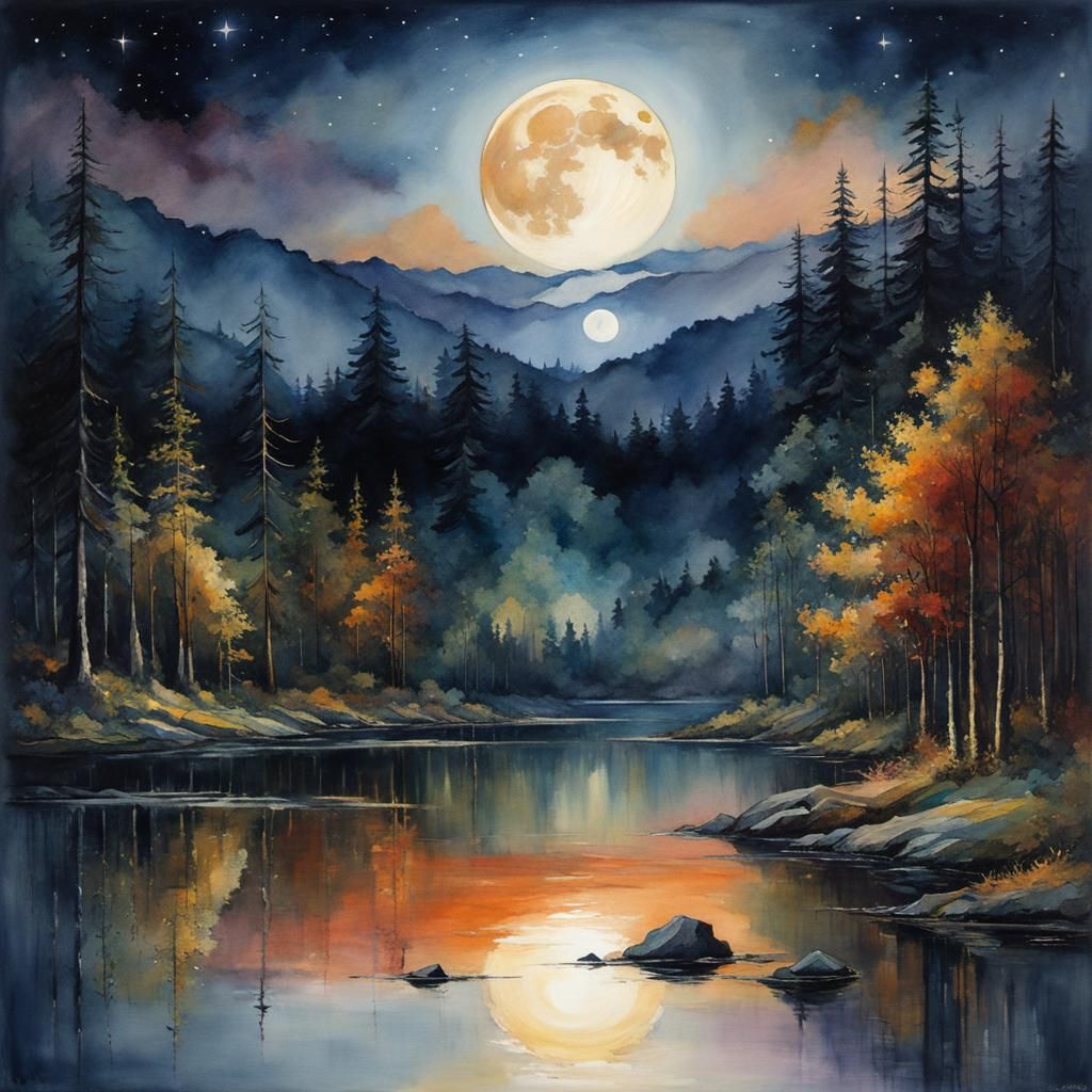 Moonlit Forest in Watercolour Painting Style