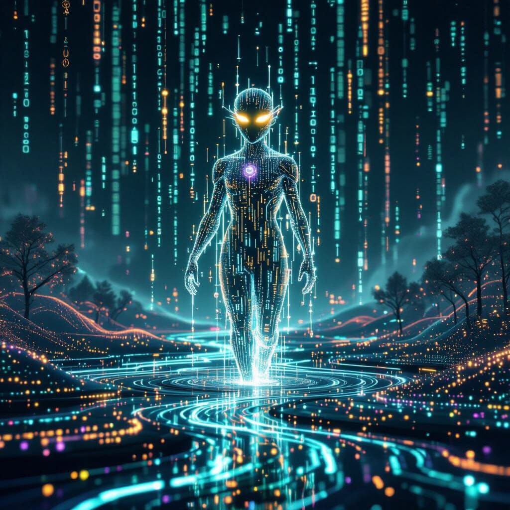 Luminous Binary Creature in Digital Landscape