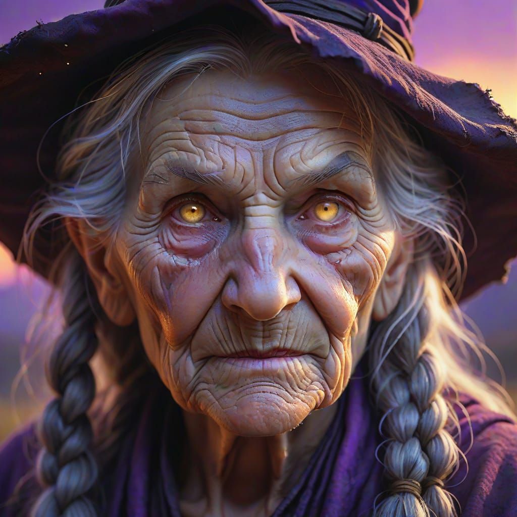 Kind Elderly Witch at Purple Sunset