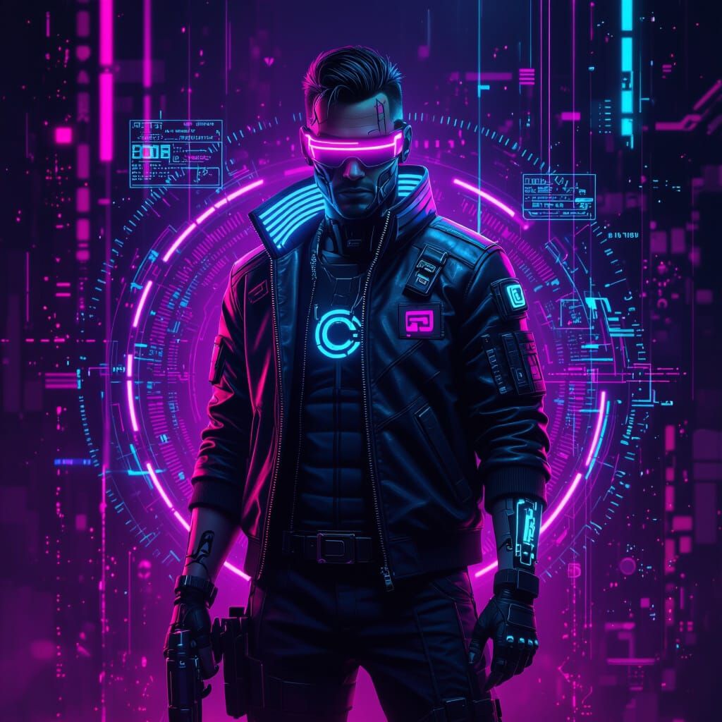 Cyberpunk Warrior with Neon Visor and Cybernetic Implants