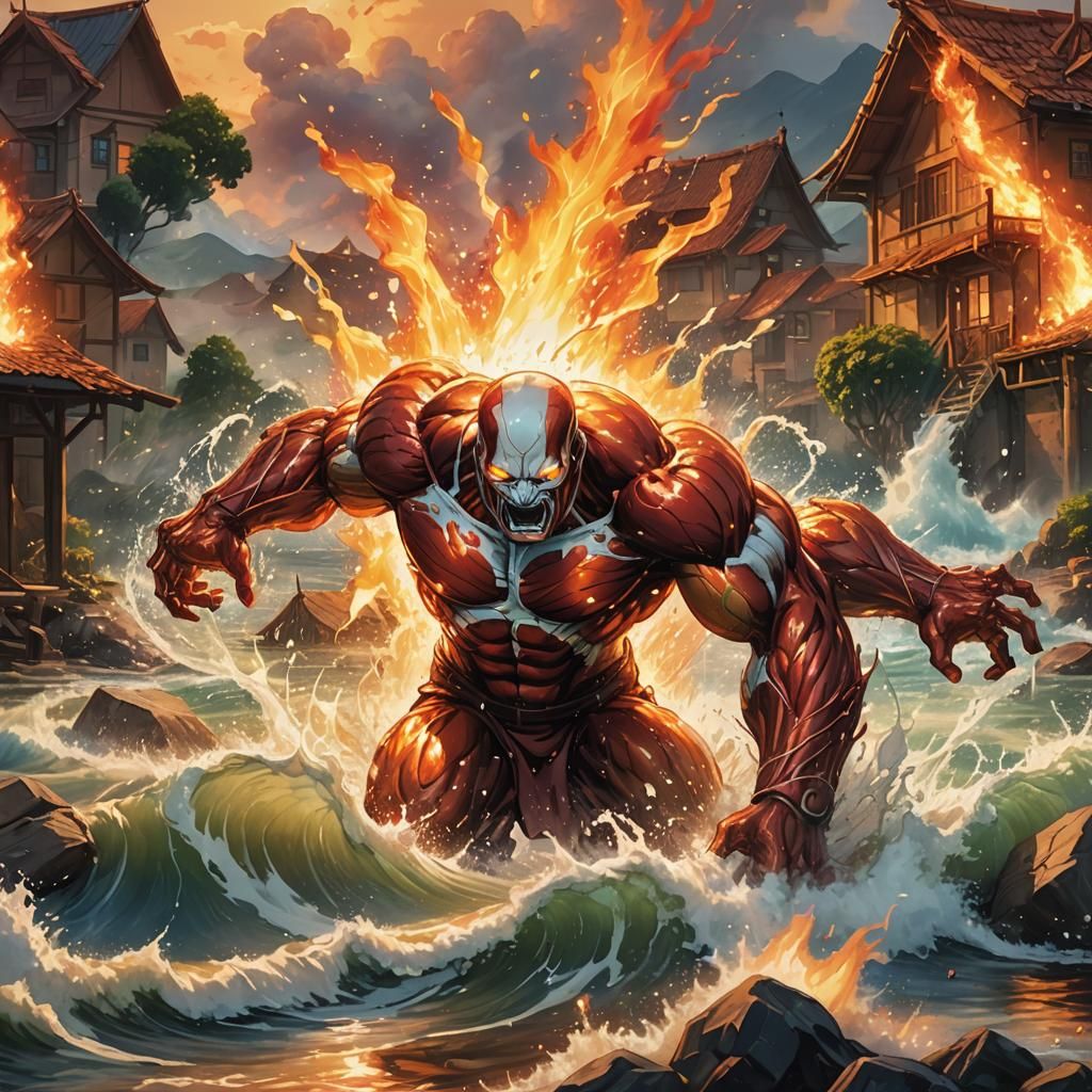 Colossal Titan Unleashes Water and Fire in Epic Painting