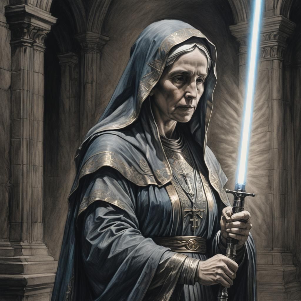 Mother Mary with Lightsaber: Charcoal Chiaroscuro