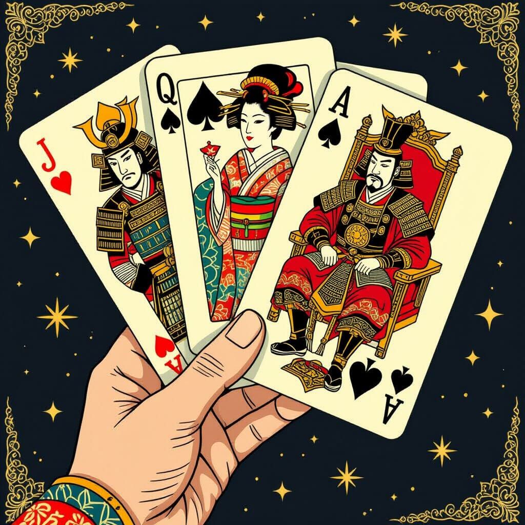 Ukiyo-e Inspired Playing Cards Held in Hand