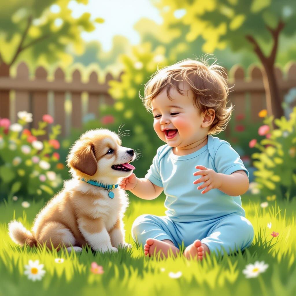 Baby Boy and Puppy, Whimsical Illustration