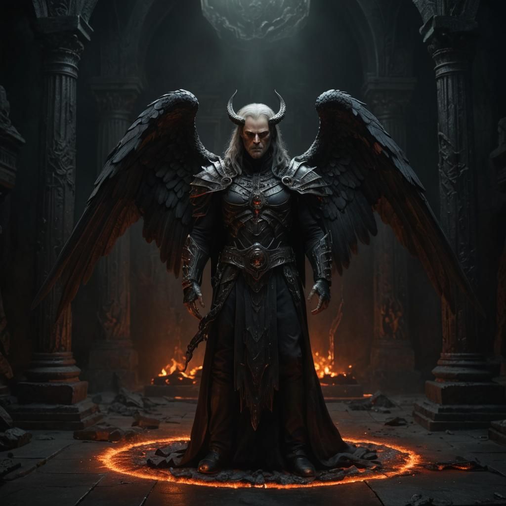 Fallen Angel Samael in Dark Fantasy Temple