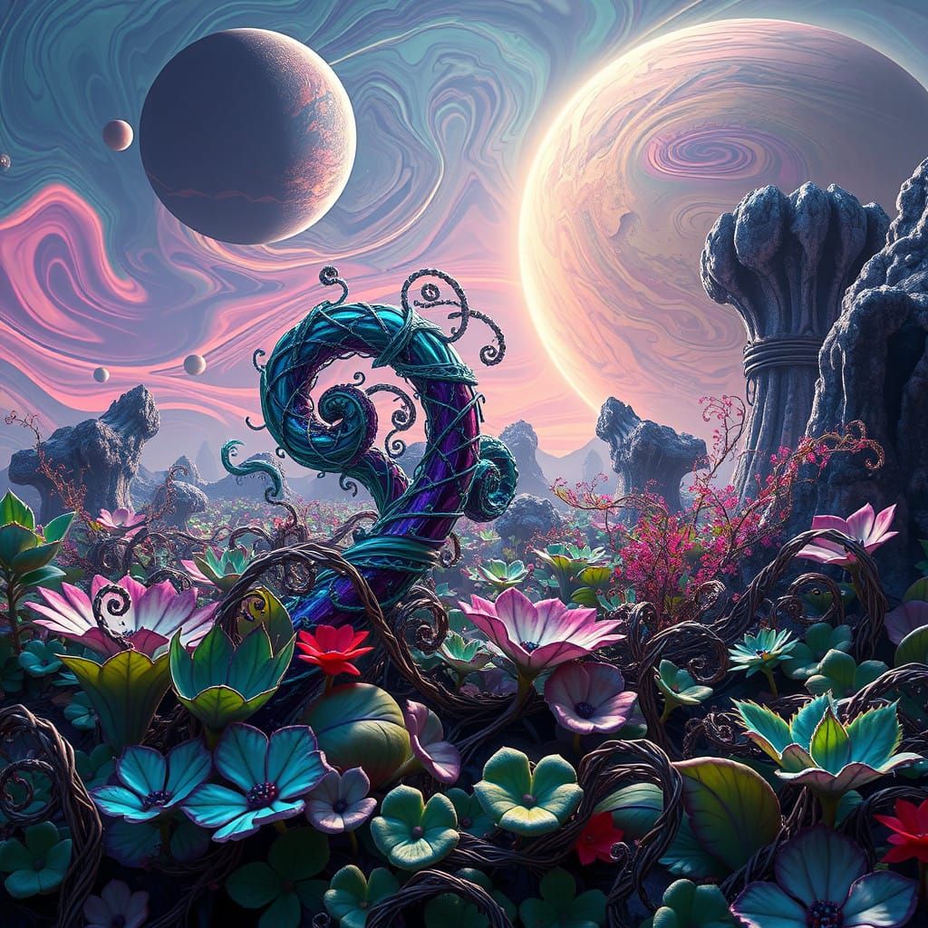 Luminous Exoplanet Garden in Vibrant, Iridescent Hues