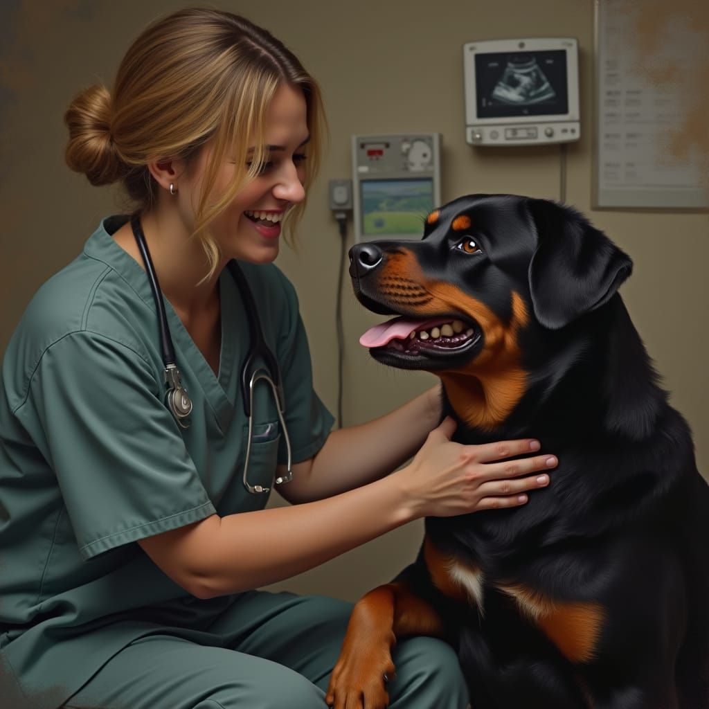 Veterinarian Examines Pregnant Rottweiler in Atmospheric Dig...