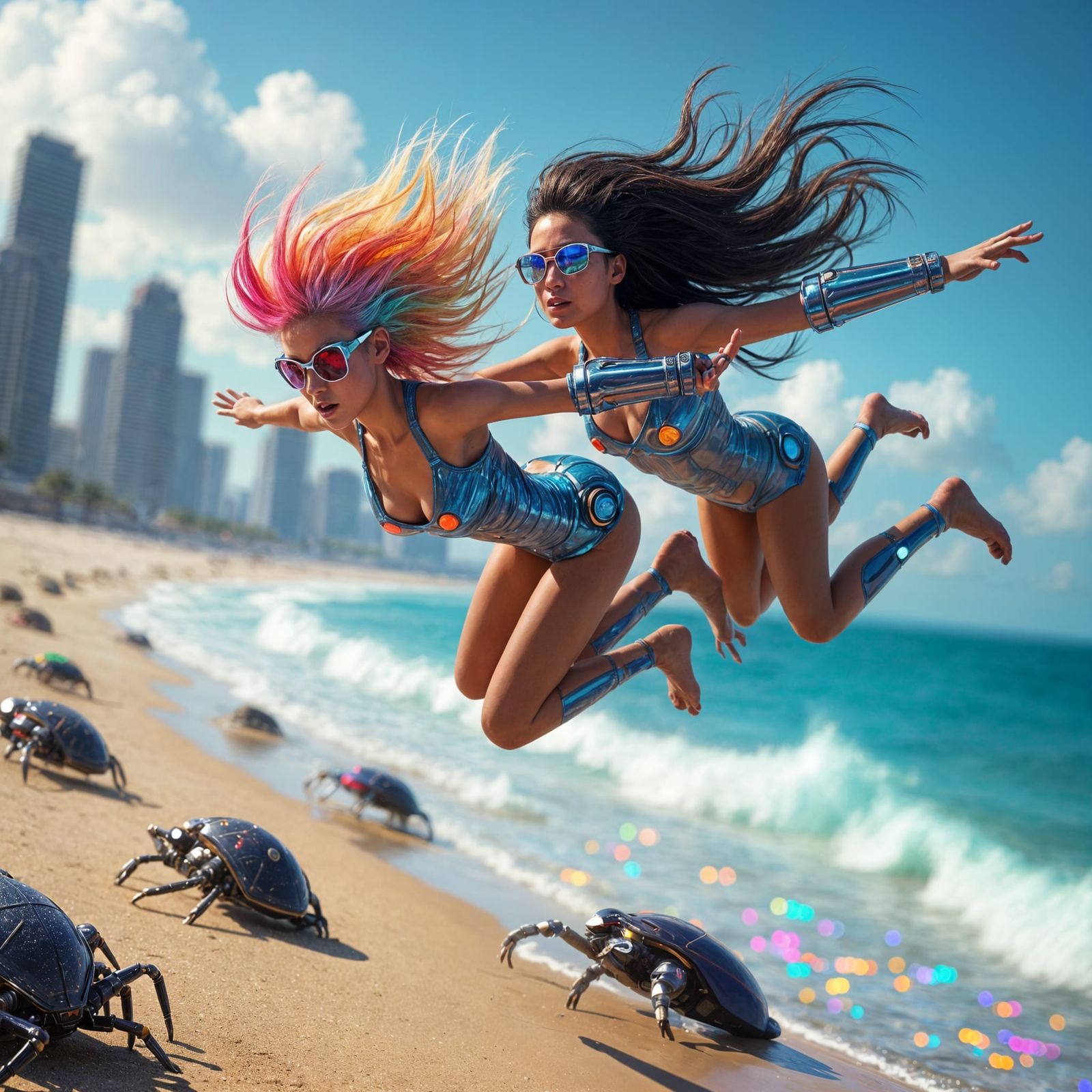 Spark and Nova Soar Over a Cyberpunk Beach