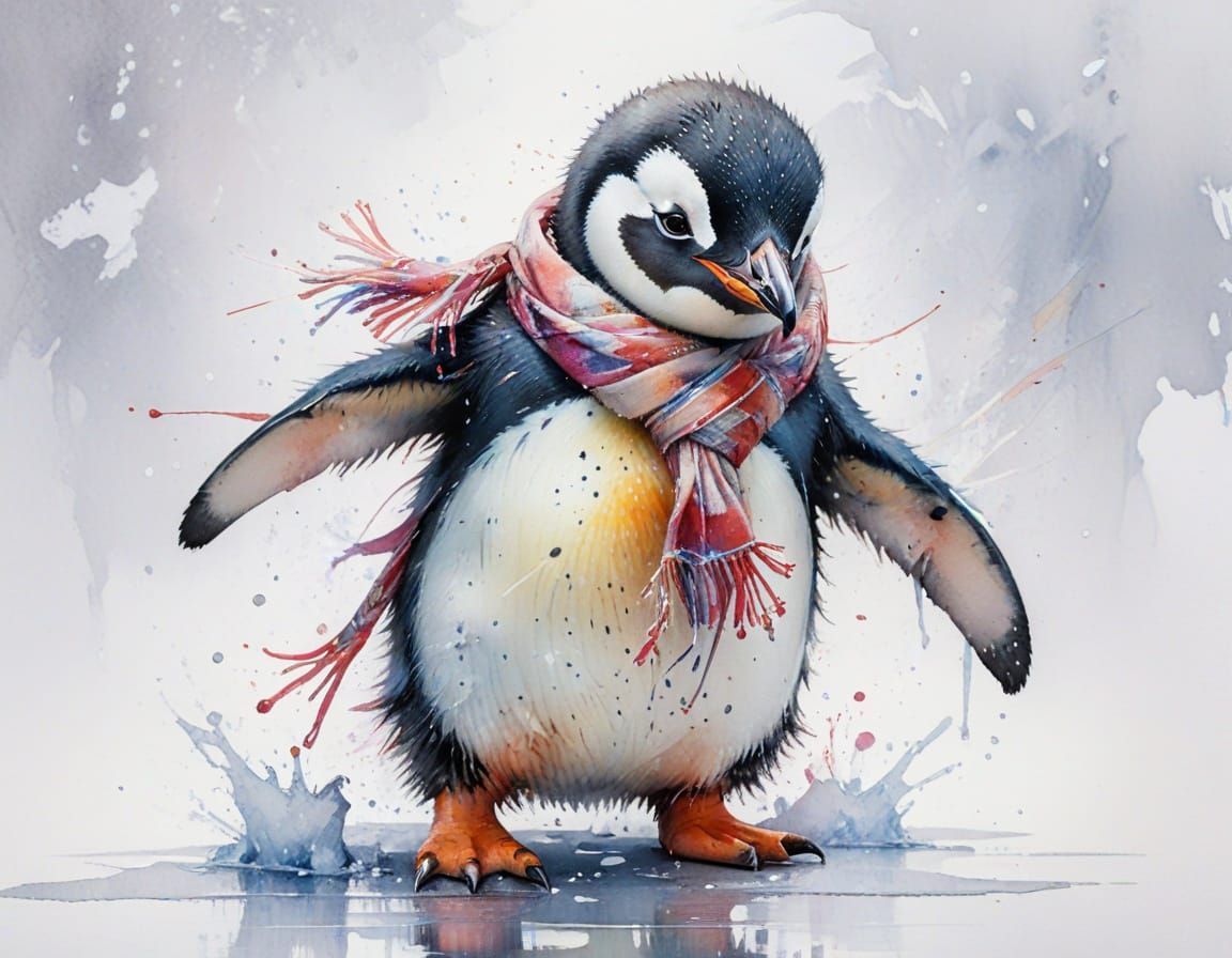 Adorable Penguin Sliding on Ice in Watercolour Style