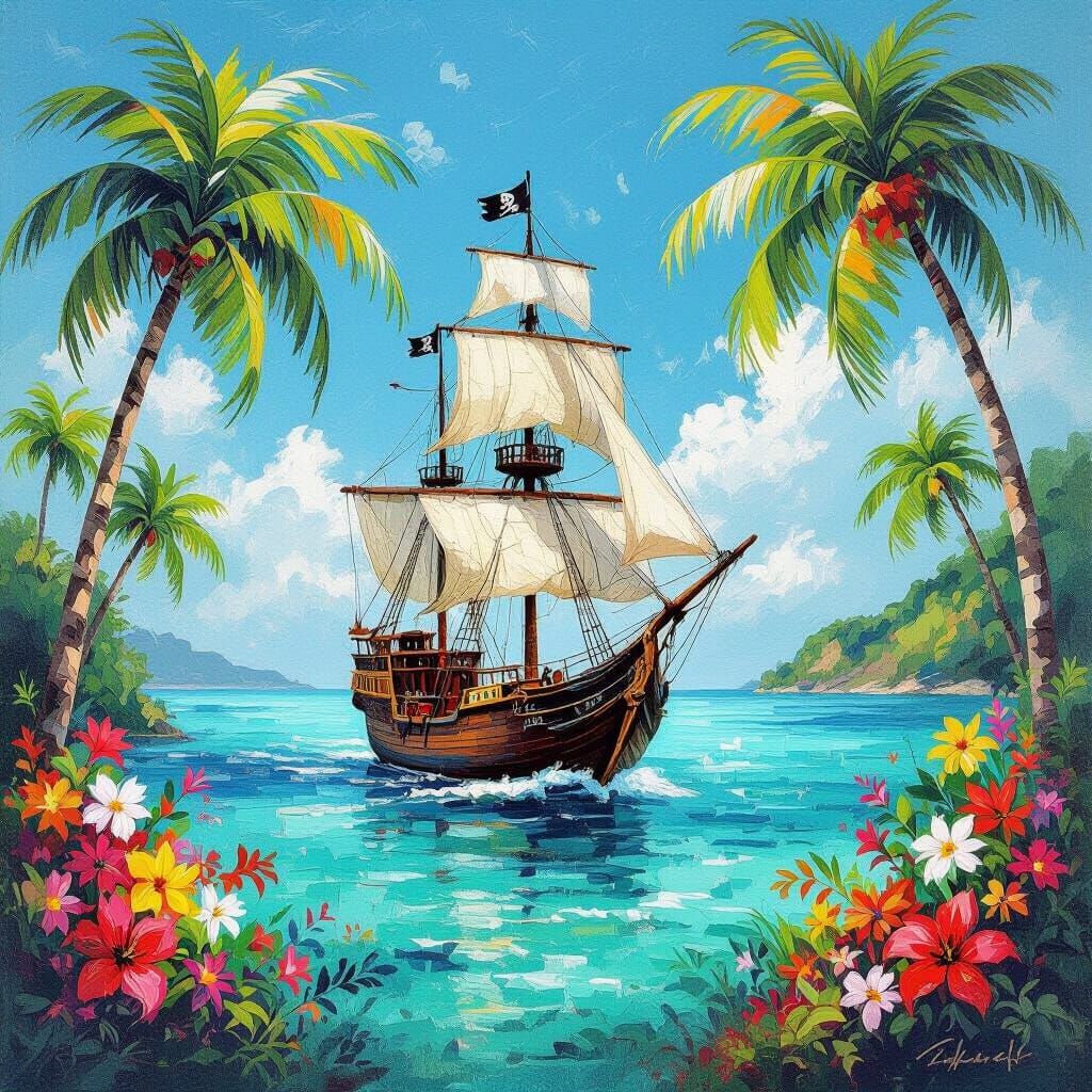 Pirate Ship in Turquoise Waters, Oil Pastel Art