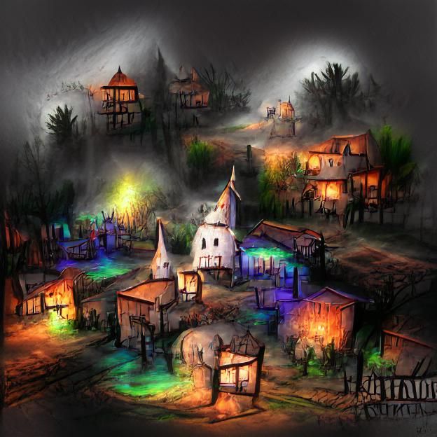 Eerie Haunted Village in Misty Landscape