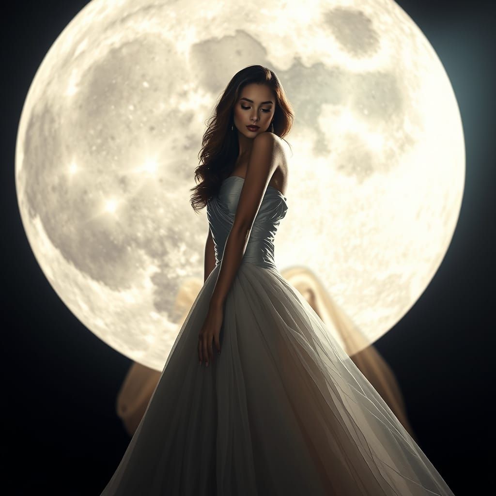 Chrome Woman Reflecting Full Moon: Hyperrealistic Portrait