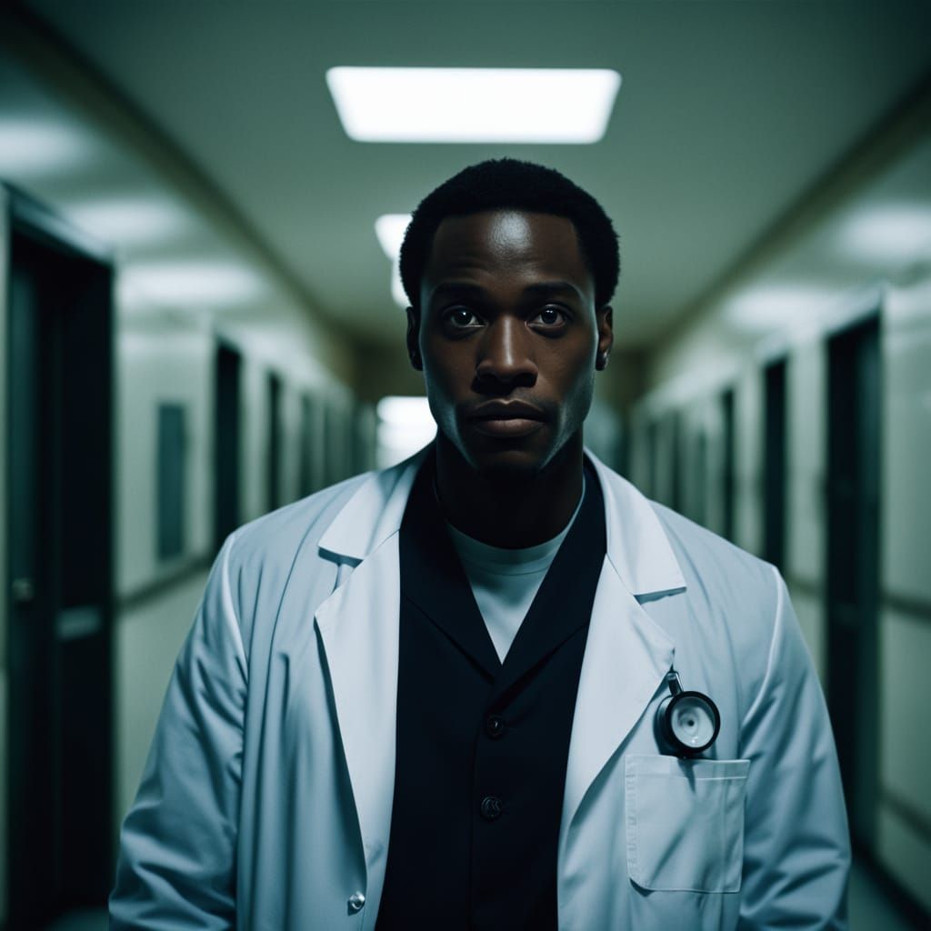 Man in Lab Coat: Film Noir Cinematic Still