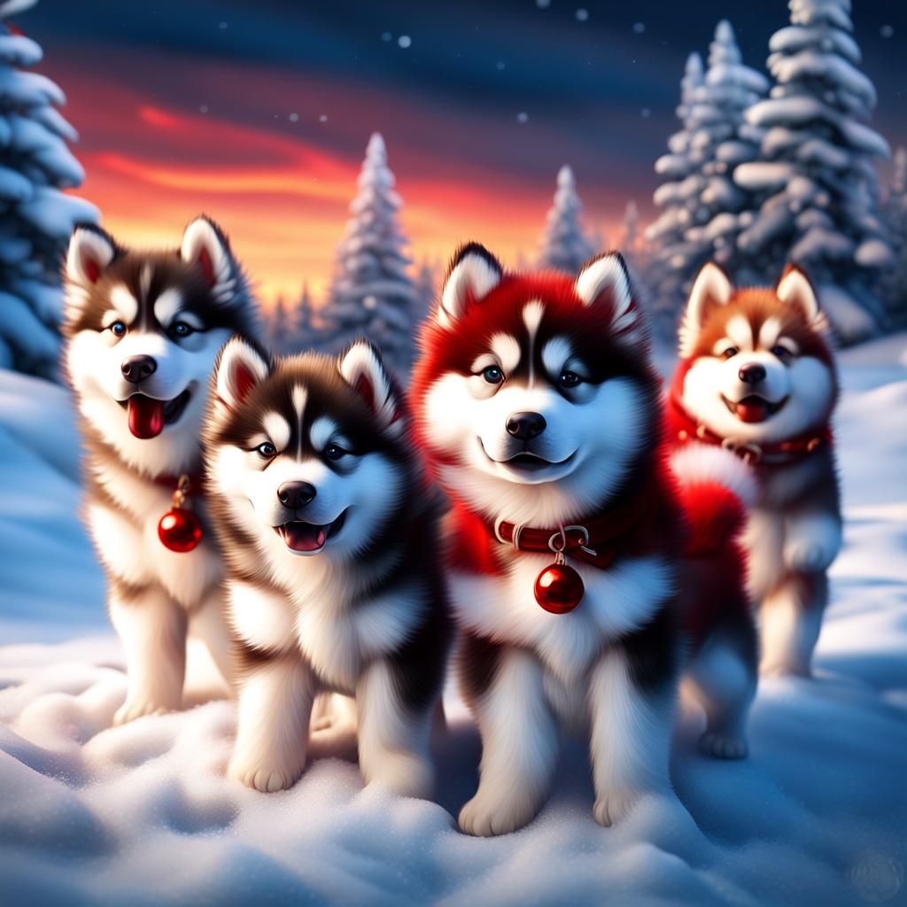 Alaskan Malamutes Pulling Santa Sleigh in Winter Magic Photo