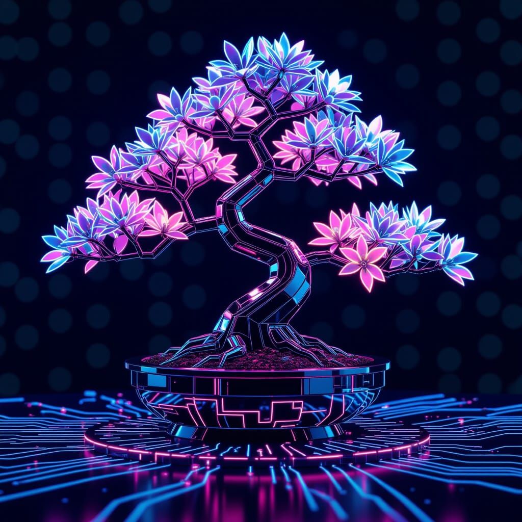 Cybernetic Bonsai Tree in Elegant Futuristic Setting