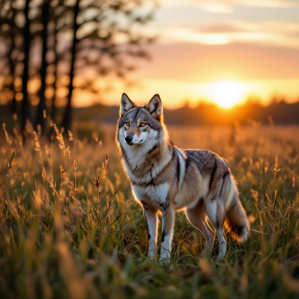 Fox Hunting at Sunset in a Field