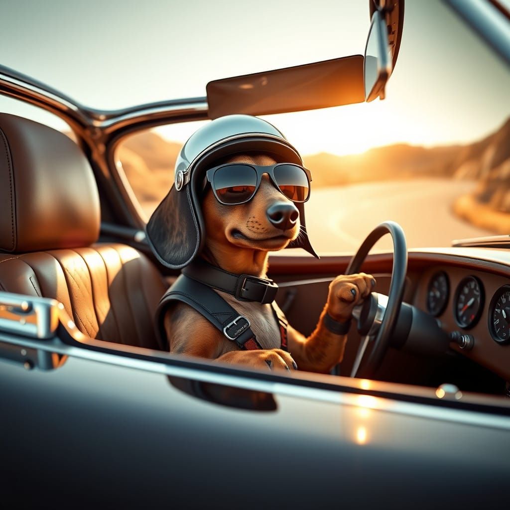 Racing Dachshund in a Vintage Sports Car