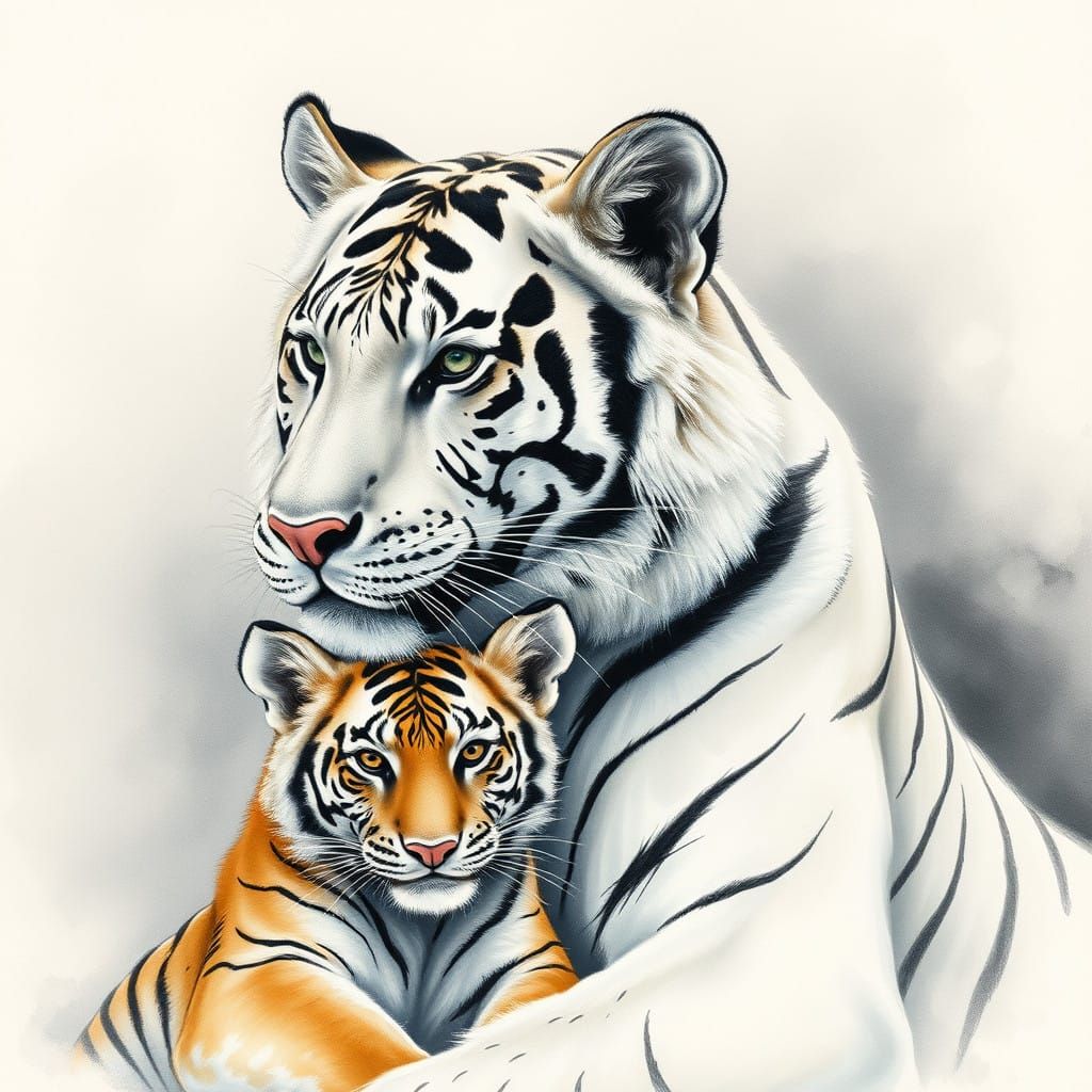 Majestic White Tiger Portrait with Cub in Watercolor Style