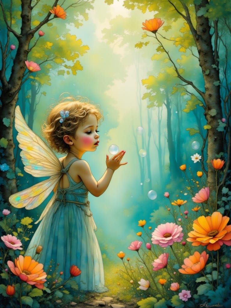 Fairy Child Blowing Bubbles in Enchanted Forest