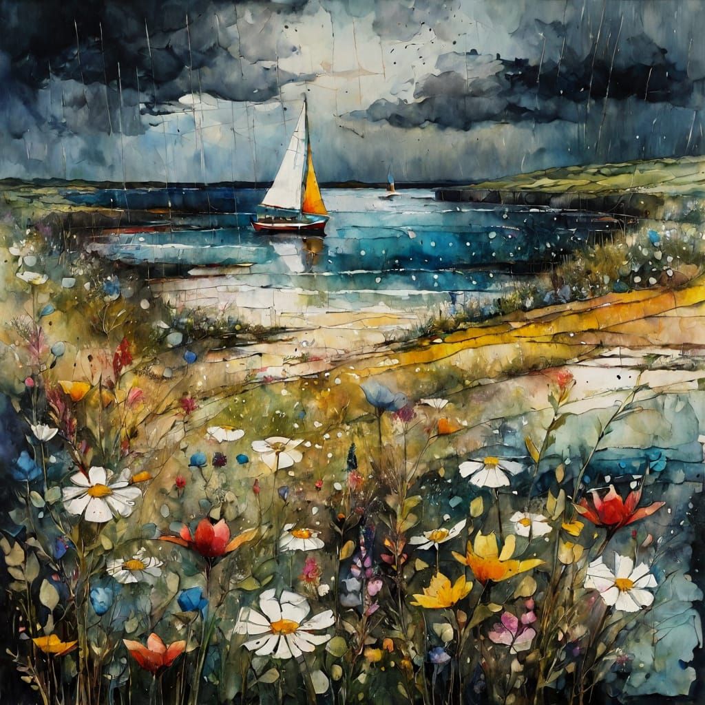 Seashore Wildflowers in Summer Rain: Bird's Eye View