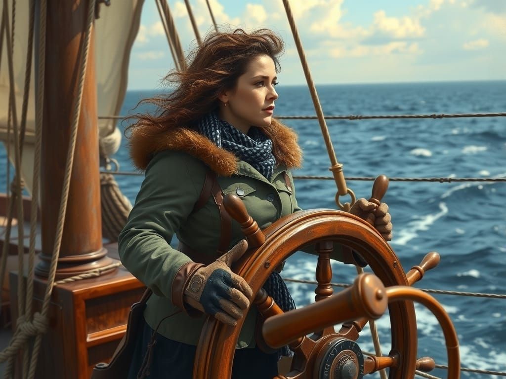 Sailing Ship Helmswoman in Dynamic Composition