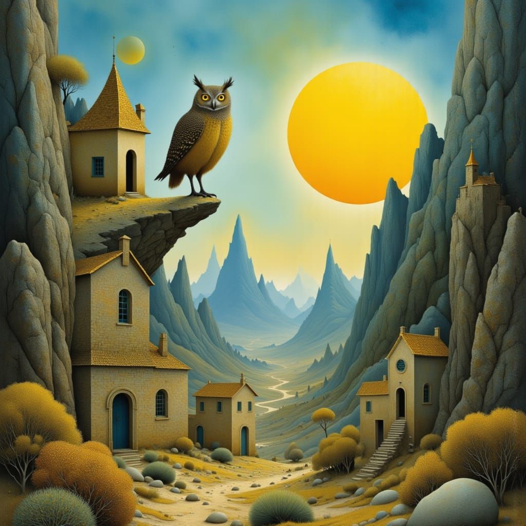 Surreal Landscape with a Mysterious Owl in Renaissance Light...