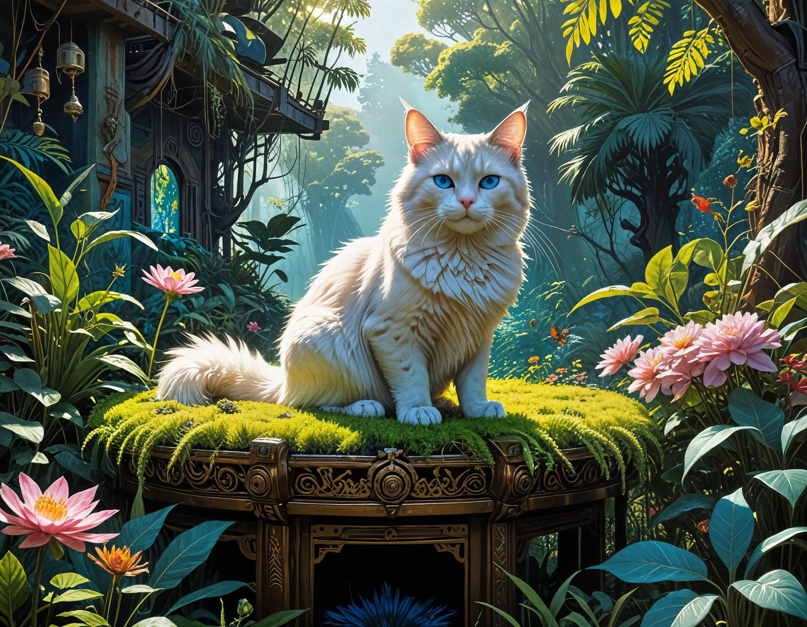 Hopeful Solarpunk Cat on Vibrant Throne
