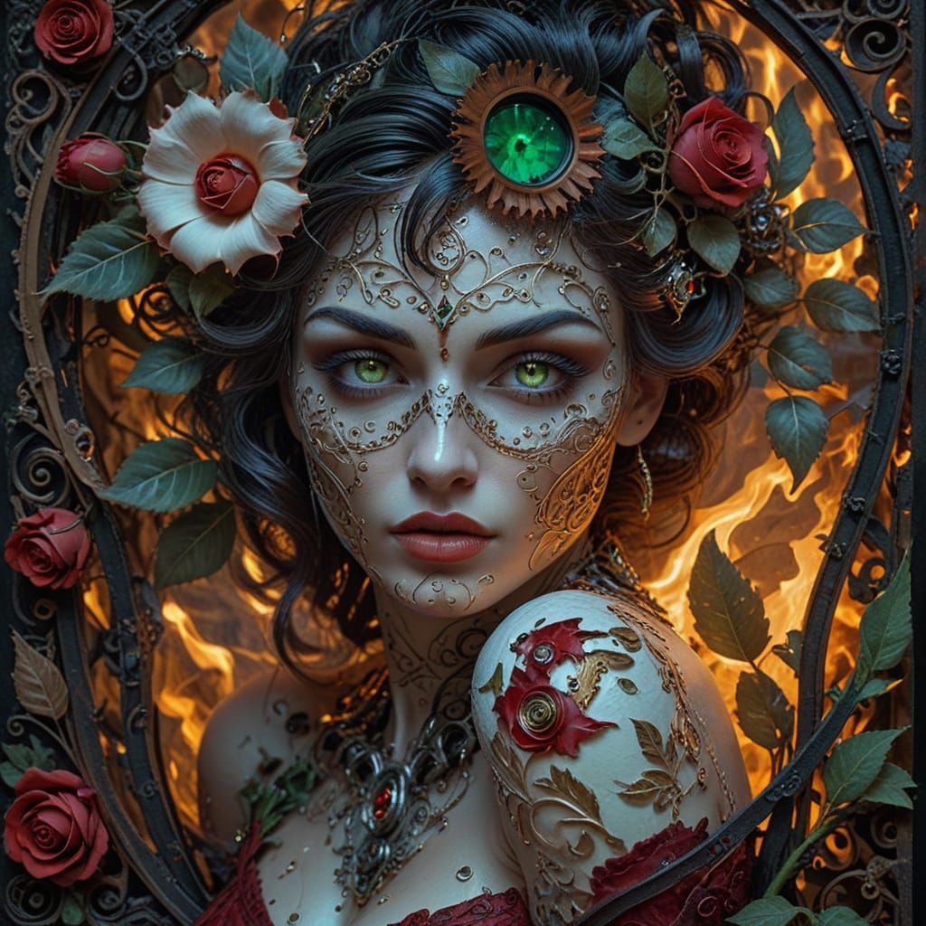 Mysterious Woman Unveiled in Gilded Steampunk Beauty
