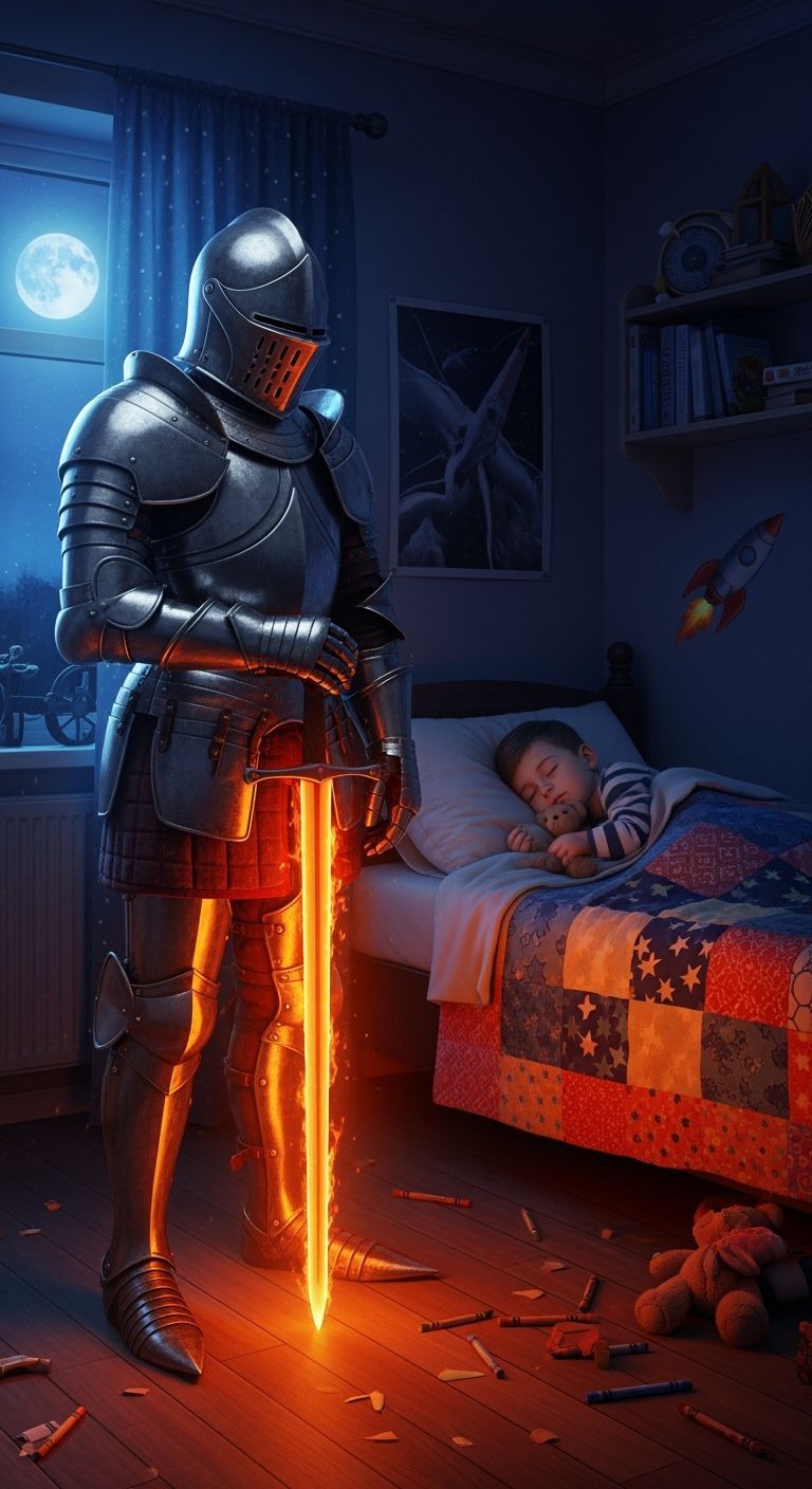 Guardian Knight in Child's Bedroom: Hyperrealistic Scene