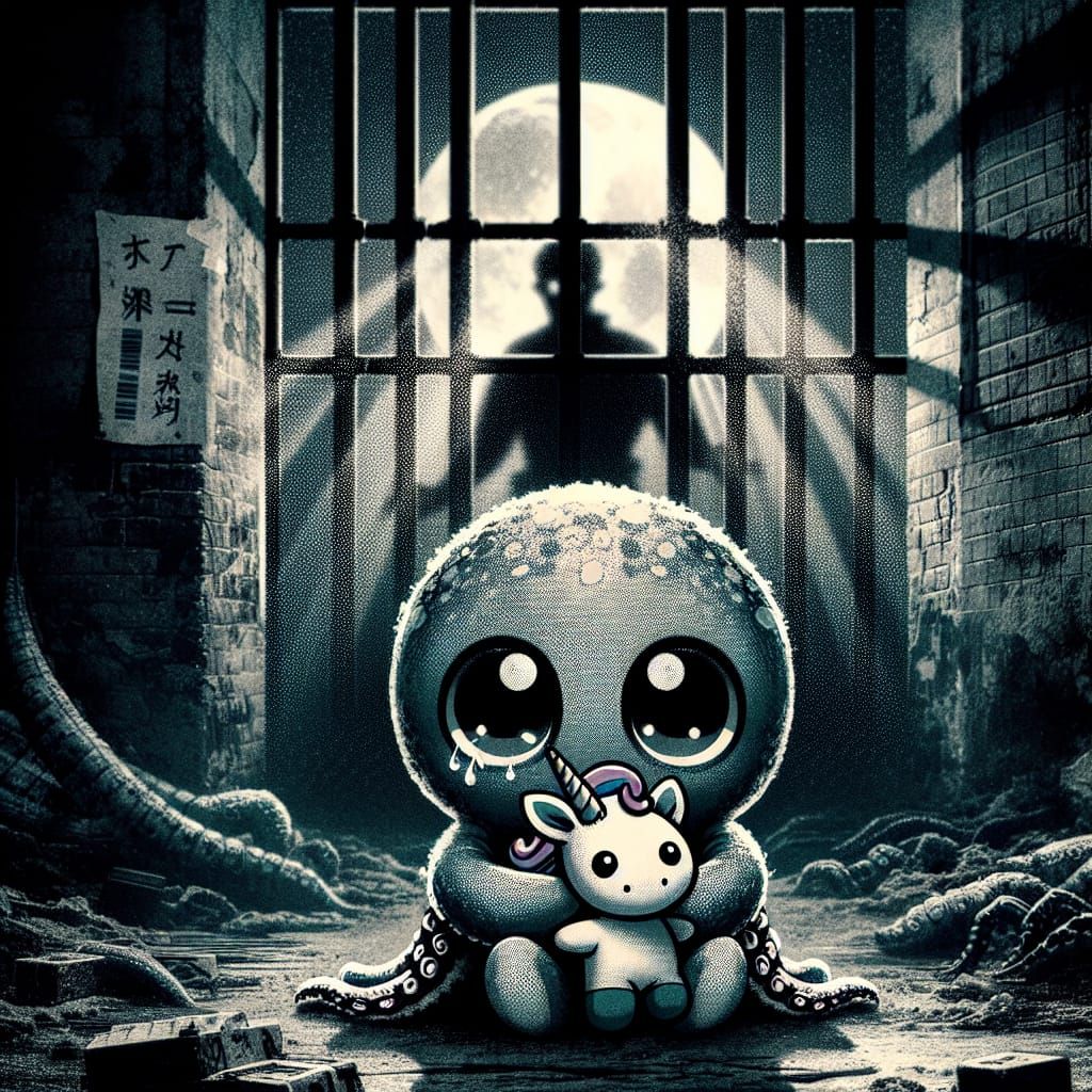 Anxious Octopus Hiding with Unicorn in Dark Anime Style