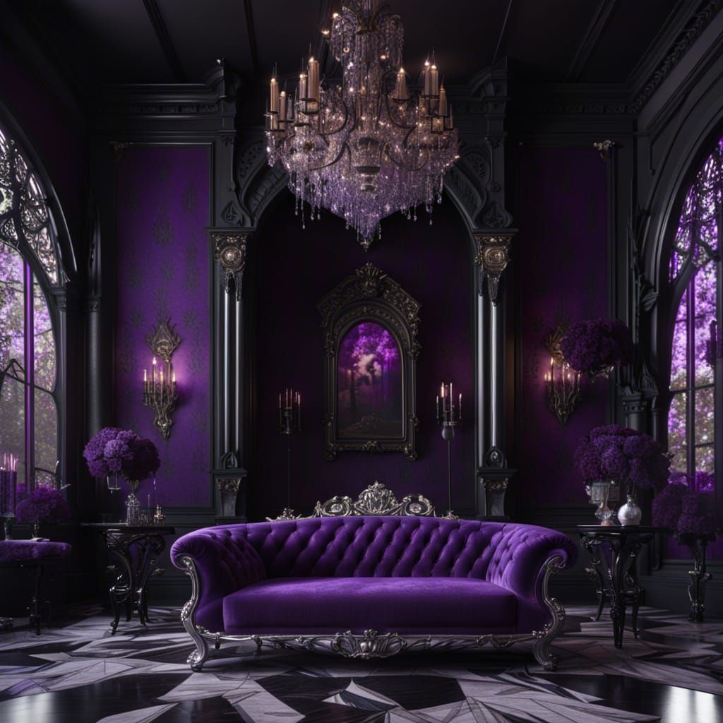 Luxurious Gothic living room with purple walls and black acc...