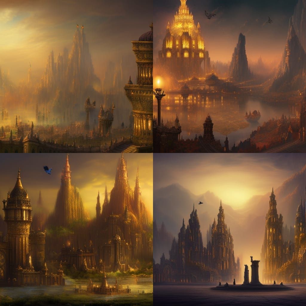 Fantastical Palace Landscape with Chariots at Dusk