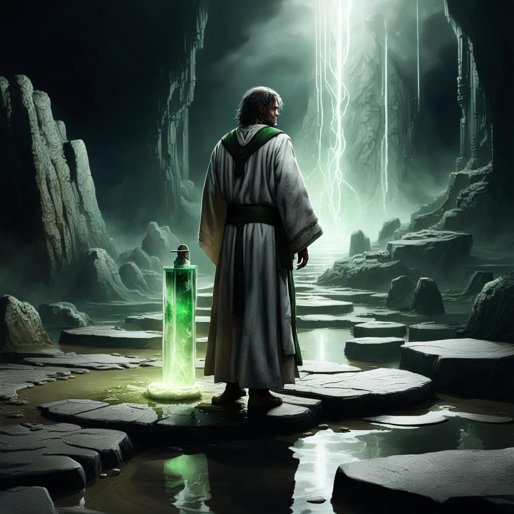 Male Hobbit Performs Ritual on Glowing Stone Slab in Dark Fa...