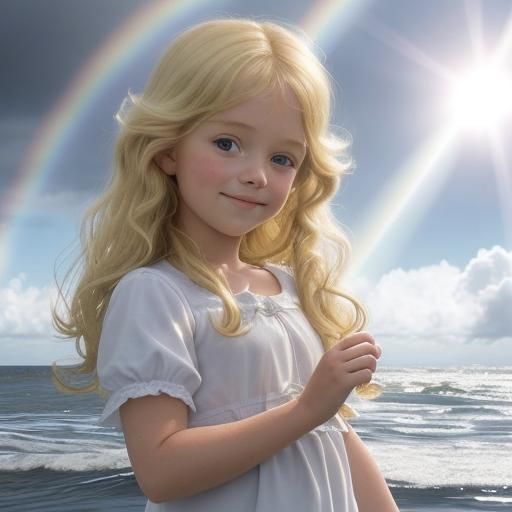 Child with Blonde Curls Plays in Sea with Rainbow