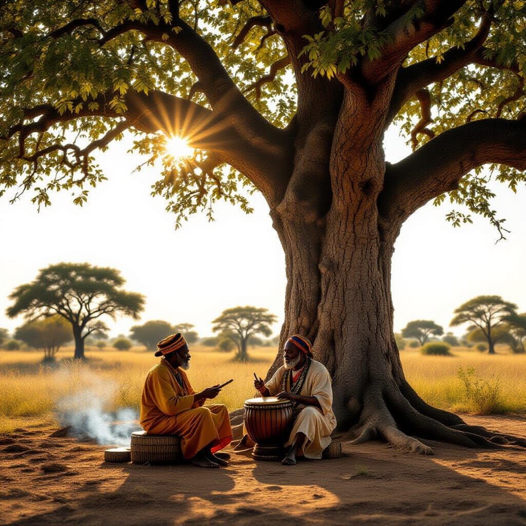 Griot Playing Tam-Tam Under Baobab with Spirits