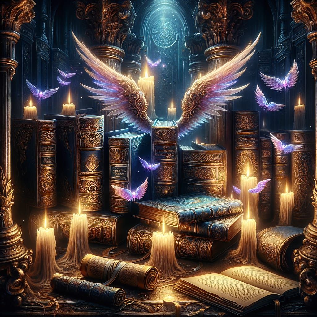 Enchanted Library with Flying Books in Chiaroscuro Style