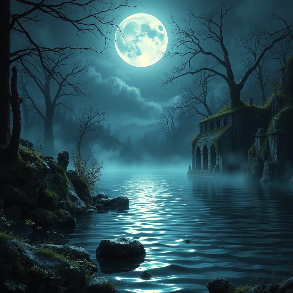 Ancient Lake Transformed by Mystical Moonlight
