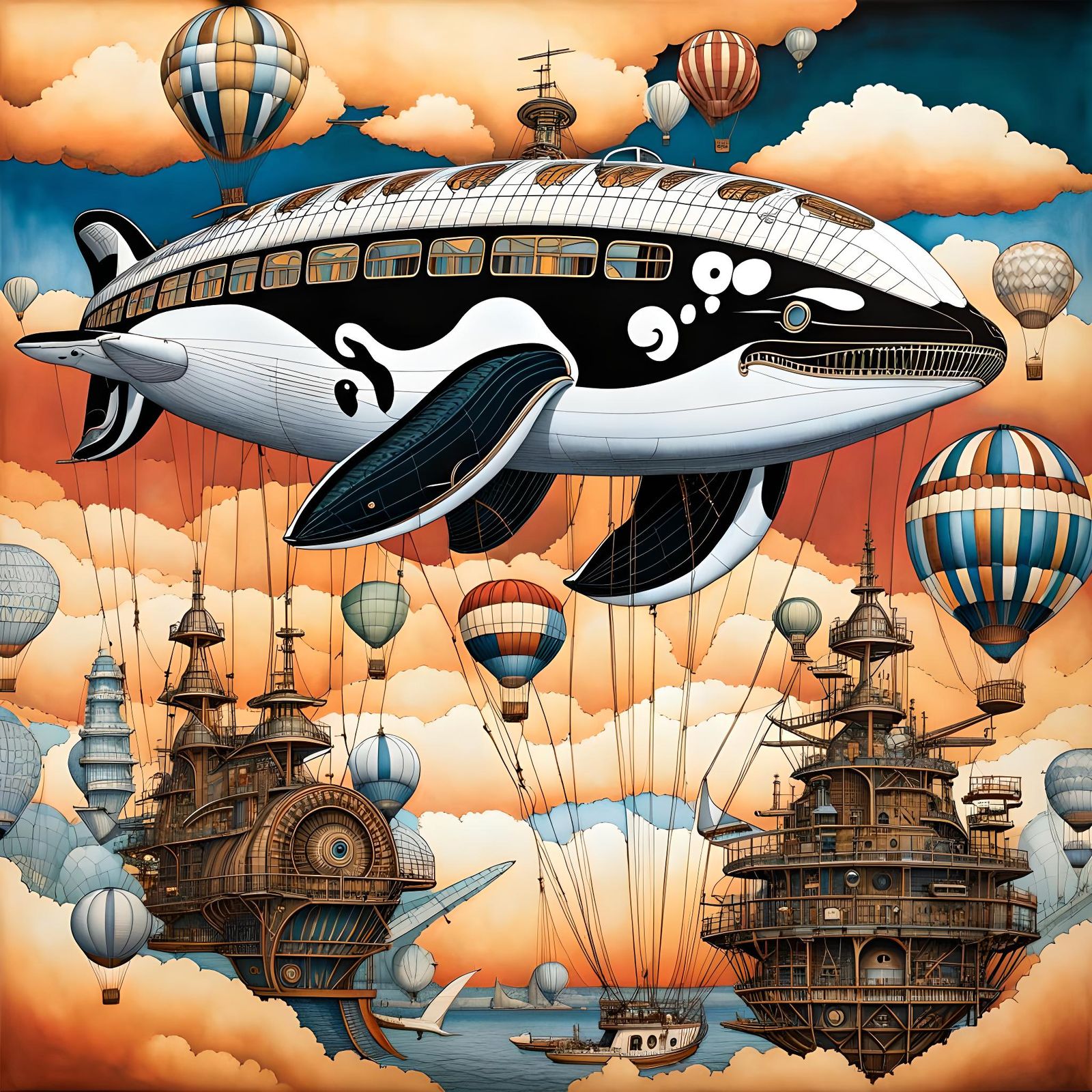 Orca zeppelin and hot air balloons