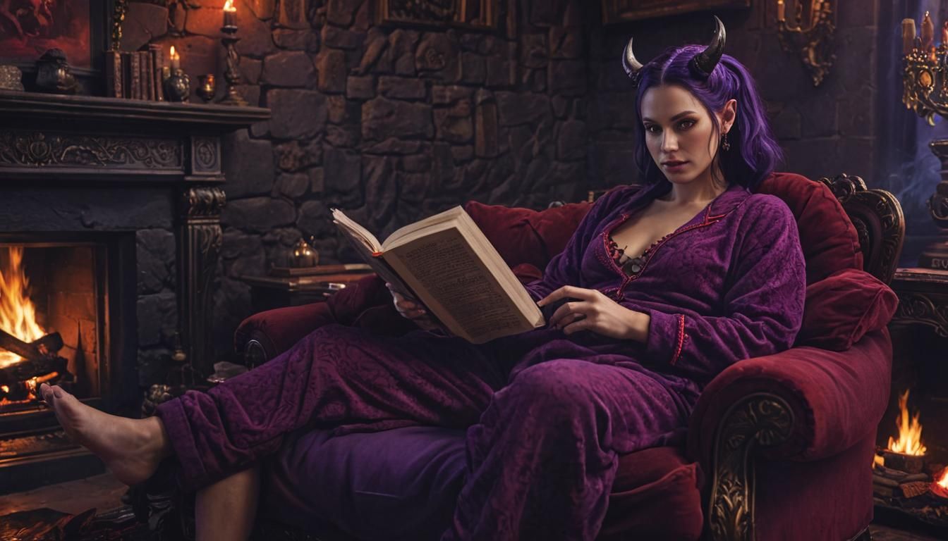 Demon Queen Lounging in Cozy Hellfire Bedroom